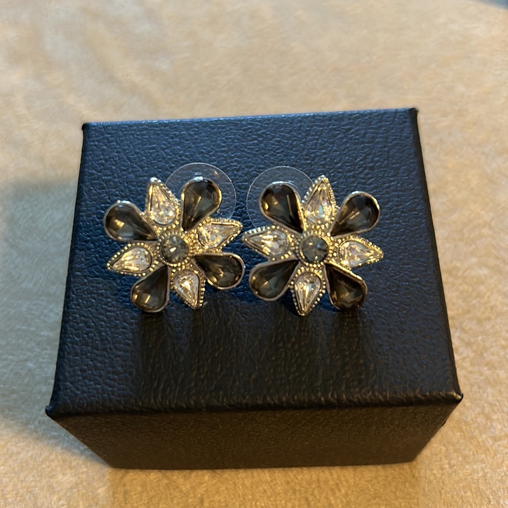 Silver tone stud earrings with blue and clear stones.